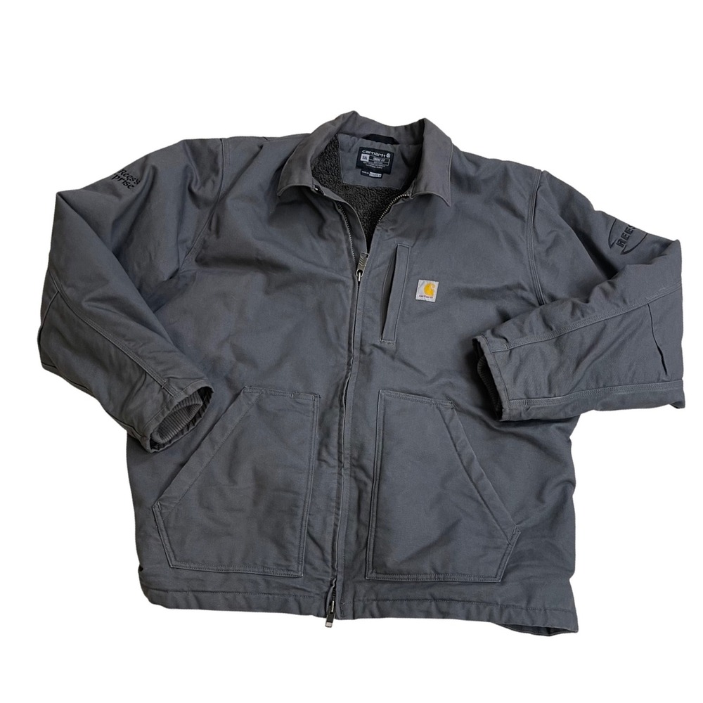 Carhartt Men 2XL Loose Fit Sherpa Lined Canvas Jacket Gray HAS COMPANY LOGO Zip